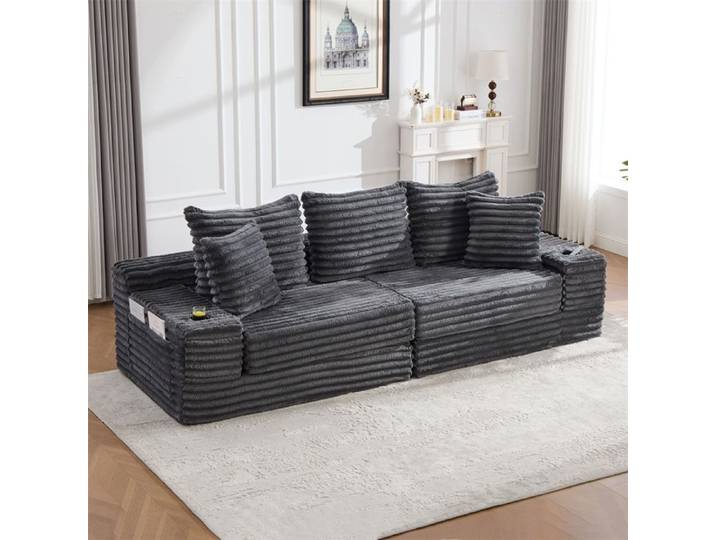 DRIPEX Canapé-lit Pliant modulable Canapé compressé 3 places en velours côtelé avec poches et porte-gobelets 5 coussins Gris