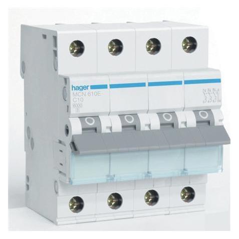 Hager Automatsikring C 10A, 3 polet + nul C-karakteristik 6kA kortslutningsbrydeevne 400V AC, 72 mm (1522026419)