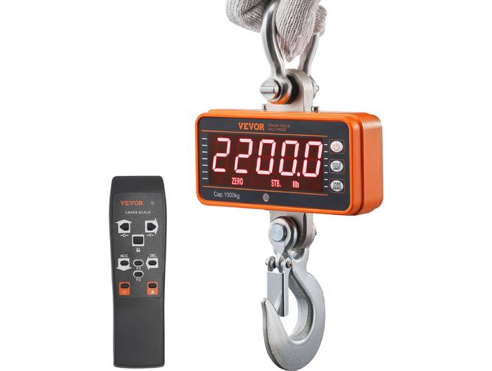 VEVOR Digitale Hangweegschaal 9 tot 1000 kg Kraanweegschaal lbs/kg/N Trekweegschaal 0\,2 kg Nauwkeurigheid Spelweegschaal Industriële Weegschaal LED-Display Hangweegschaal Mini Draagbare Weegschaal met Afstandsbediening 9 Functies