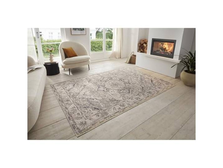 LIVUM Tapis Salon Oriental\, Tapis Vintage Style Oriental\, Poils Courts et Motifs Traditionnels (Rania Crème et Gris\, 160x235cm)