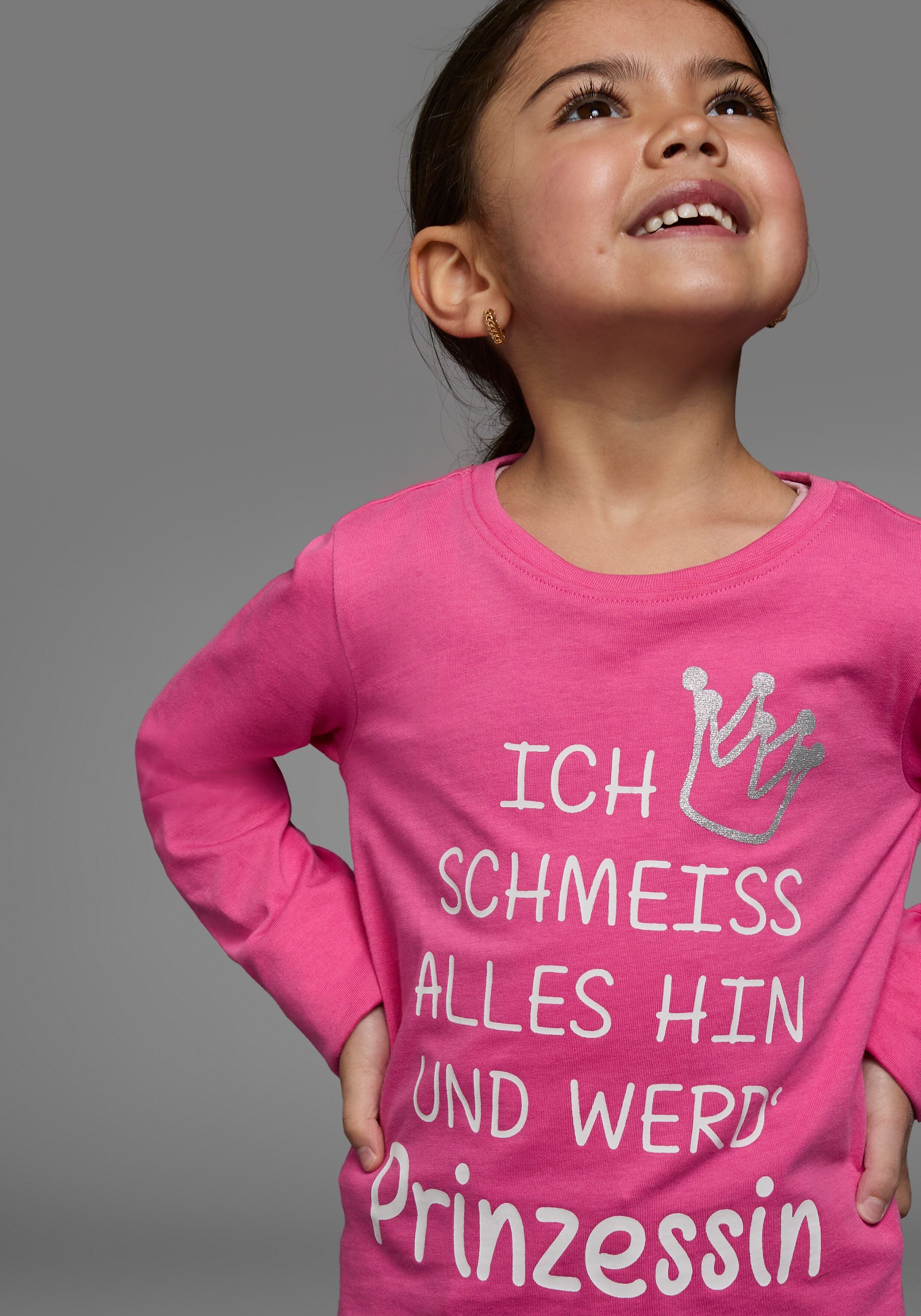 Langarmshirt KIDSWORLD "Ich schmeiss alles hin und werd´ Prinzessin", Mädchen, Gr. 92/98, pink, Jersey, Obermaterial: 100% Baumwolle, bedruckt, Basic hüftlang, Rundhals, abgesteppte Kante, Shirts Langarmshirt, Sprücheshirt, langärmlig, Basic-Passform, mit