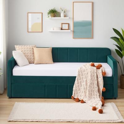 Twin Size Upholstered Daybed with Trundle, and Wood Slat Support