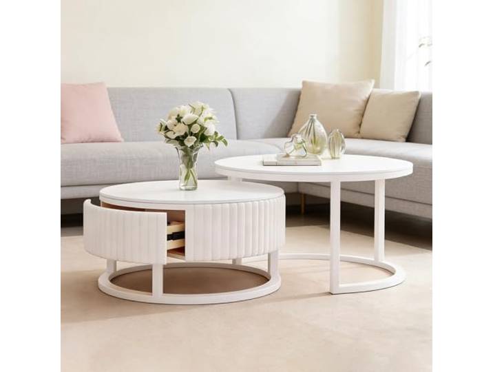 SeraphicCharm Rund Couchtisch Weiss 2er Set Runder Couchtisch Marmor Mit Schublade Modern Wohnzimmertisch Weiß Mit Stauraum Weiß Couchtische Ausziehbar Couch Tisch Wohnzimmer Für Couch