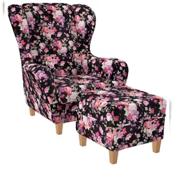 Supellex Sofia Ohrensessel mit Hocker | Patchwork, Samt-Velours, Rosen