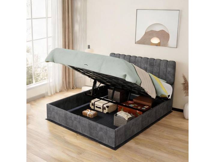 Lit 160x200 cm tête de lit haute structure métal et tissu gris ardoise matelas inclus
