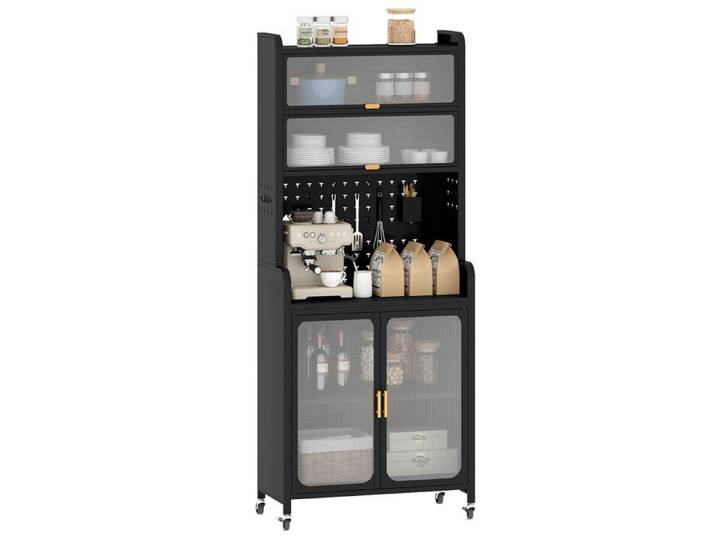 GOPLUS Buffet de Cuisine à 6 Niveaux avec Roulettes 79x37x192CM Cadre Métallique Étagères Ajustables et Portes Transparentes Noir