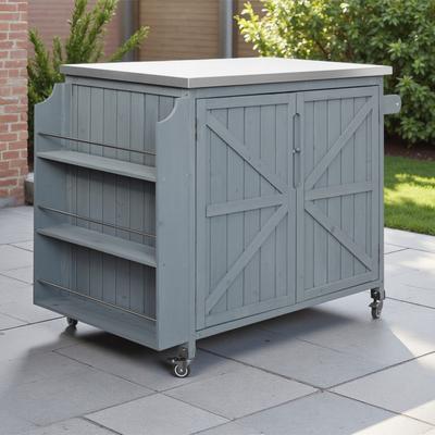 ZWYO HOSIMU "42"" Outdoor Kitchen Island with Side Shelf Grill Cart with Cabinet Stainless Steel Top, Adjustable Shelf 4 Wheels for Pizza Prep"