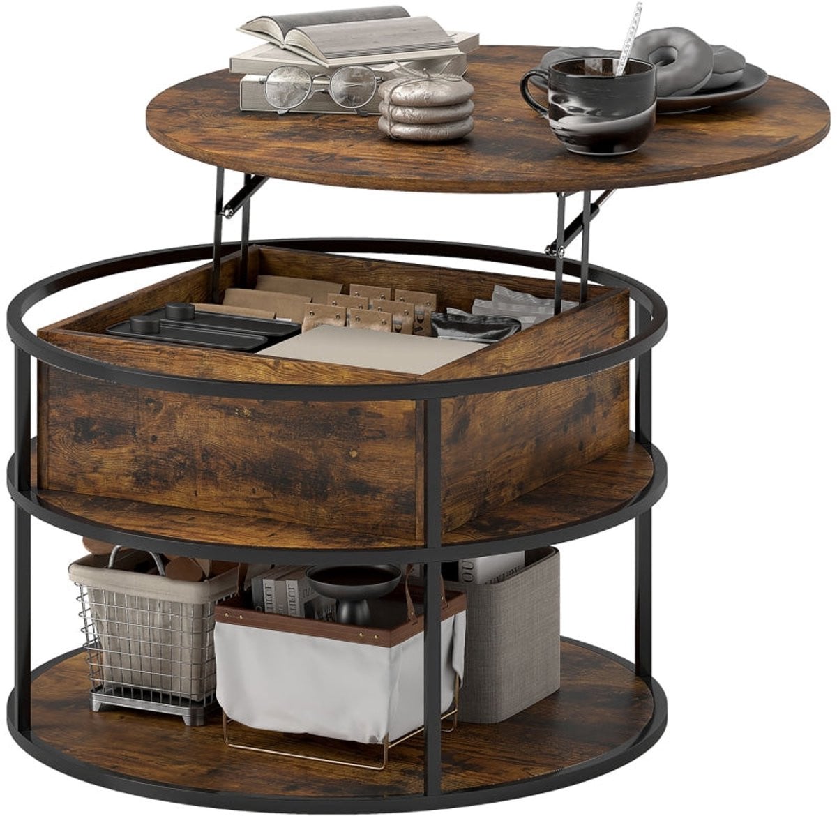 Merax Ronde Salontafel met Liftfunctie en Verstelbare Hoogte, Ø80 cm