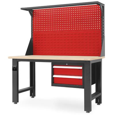 Jan Nowak Werkbank Werkstatt LOGAN Lochwand , 2 Schubladen | Werktisch Montagewerkbank Arbeitstisch Packtisch, 170x150x75cm Anthrazit-Rot, Platte Braun