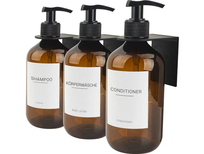 Seifenspender 3er-Set 500ml PET mit Wandhalterung, Braun, Kunststoff, 7.4x16.7x7.4 cm, Badaccessoires, Seifenspender