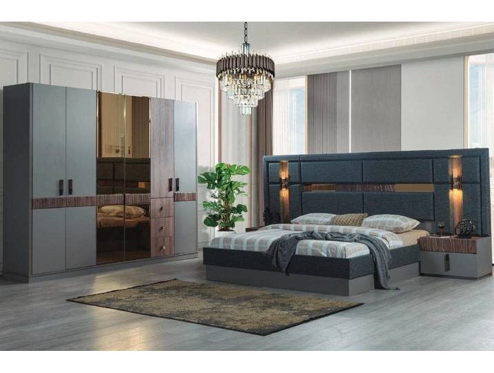 JVmoebel Komplettschlafzimmer Graues Schlafzimmer Komplettes Set Bett 2x Nachttische Kleiderschrank, (Bett/2x Nachttische/Kleiderschrank)
