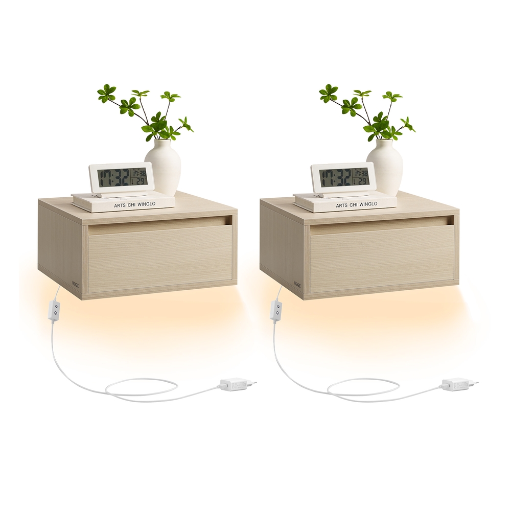 VASAGLE Nachttisch hängend 2er Set mit Leuchten naturbeige LET854N01