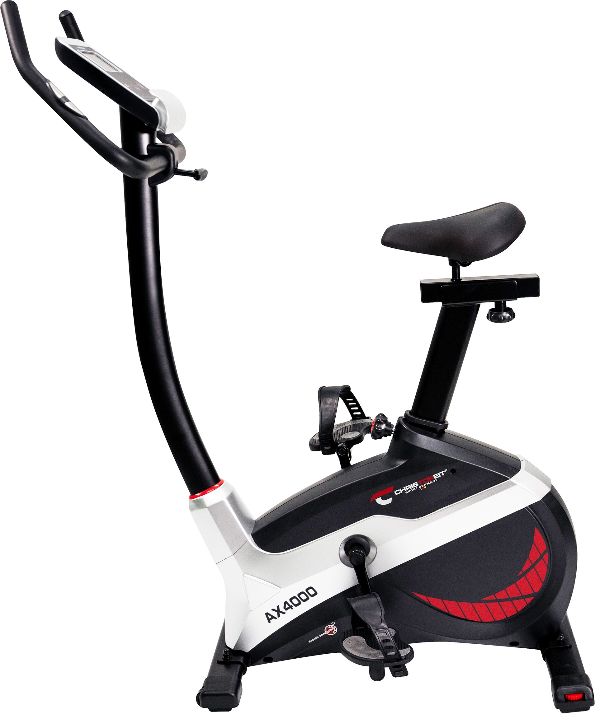 Ergometer CHRISTOPEIT SPORT "AX 4000" Gr. 1, rot (rot, silberfarben, schwarz), Heimtrainer, ohne Unterlegmatte, Ergometer, 150 kg max. Benutzergewicht, Fahrrad, 24 Widerstandsstufen, B:54cm H:136cm L:88cm