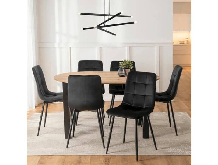 Ensemble comprenant une table ronde extensible HARRY (102-142 cm) noir et 6 chaises modernes rembourrées PERU noires.