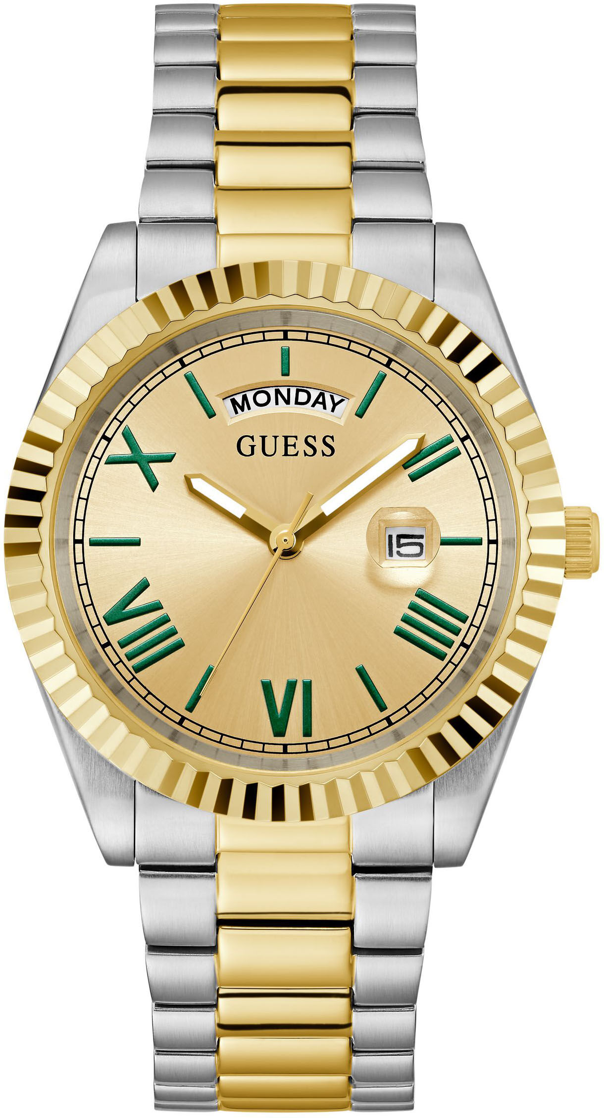 Quarzuhr GUESS "CONNOISSEUR", gold (silbergoldfarben, champagnerfarben), Armbanduhren, Herren, silberfarben, Quarzuhr, Armbanduhr, Herrenuhr, Datum, Wochentag, Edelstahlarmband