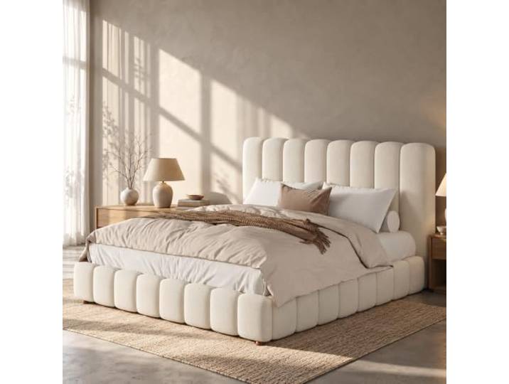ModernLuxe Polsterbett 200x200 cm Doppelbett, Samt, Beige, mit Lattenrost Großes Doppelbett mit gestreiftem Kopfteil, stabilen Massivholzbeinen und 300 kg Belastbarkeit, ohne Matratze.