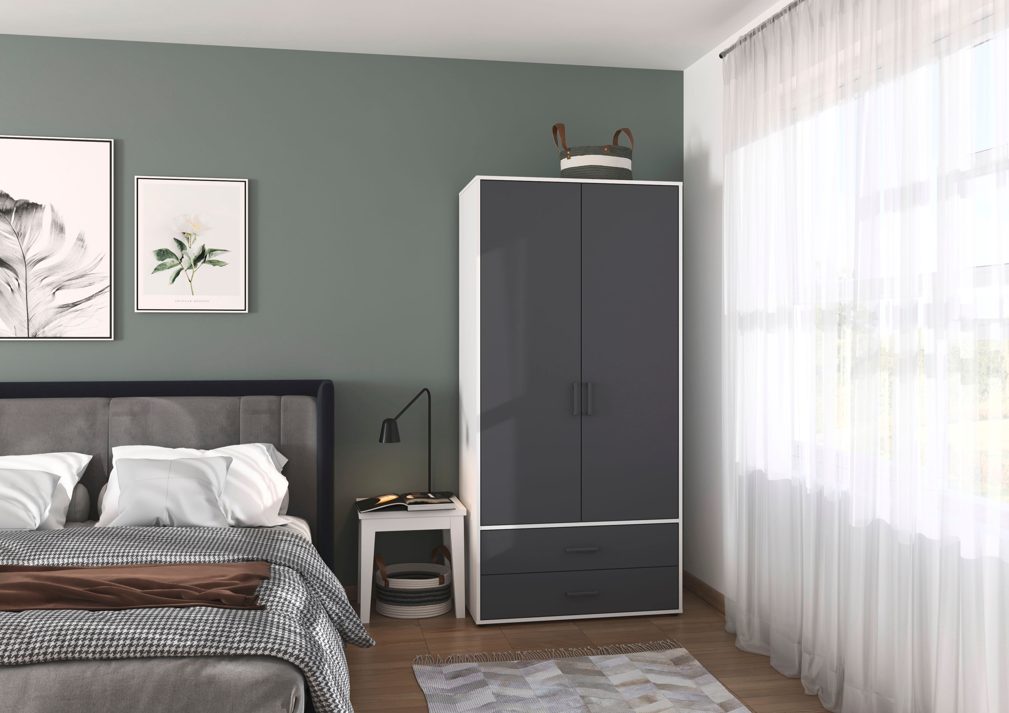 Drehtürenschrank RAUCH "Kleiderschrank Schrank Garderobe Wäscheschrank VOYAGER", grau (alpinweiß, graumetallic, griffe graumetallic), B:93cm H:194cm T:53cm, Holzwerkstoff, Schränke, Drehtürenschrank, mit 2 modernen Griffvarianten, mit Aussenschubladen MAD