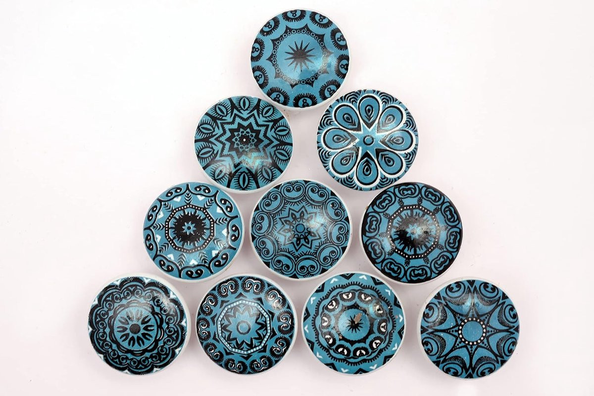 SnelShoppen 10x Vintage Look Keramische Deurklinken Knoppen - Aqua Groene Bloemen Design - Decoratieve Knoppen voor Kast, Lade en Meubel