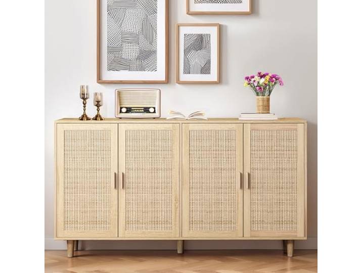 Switdo Rattan Wohnzimmerschrank 4 Türen Schwarz Natur Spanplatte Verstellbare Ablage mit drei Höheneinstellungen