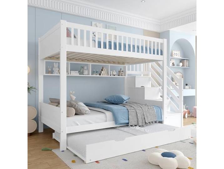 Merax Etagenbett Kinderbett 90x200 cm, Hochbett mit Ausziehbett, Kleiderschrank, Ablageleiter und Regal - Bettgestell mit Lattenrost (ohne Matratze), aus Kiefernholz, Weiß