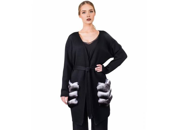 Cardigan en fourrure de lapin Rex pour femme, chandail en cachemire, longueur aux genoux, avec poches de garniture