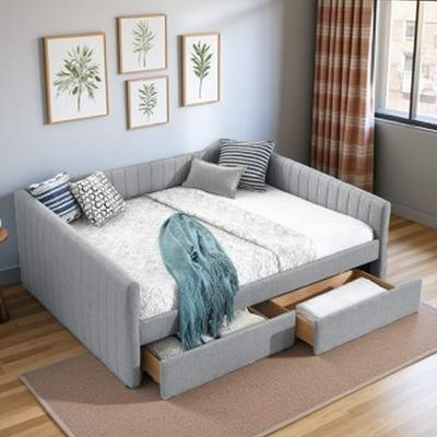 VIVIADORE Queen Size Upholstered Daybed with Trundle and 2 Storage Drawers, Vertical Stripe Linen Fabric, Multi-Functional Sofa Bed