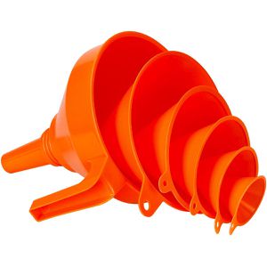 Pressol Trichter 2372043, orange, 6-teiliges Set, Ø 5 - 16 cm, aus Kunststoff, mit Aufhängeöse & Sieb