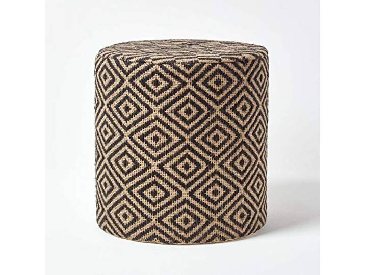 Homescapes Runder Sitzpouf schwarz-Natur, Jute Pouf Hocker Ethno Style 40x42 cm, Fußhocker mit Muster, Sitzhocker rund mit Stoffbezug