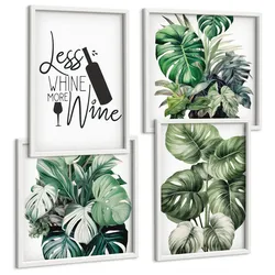 BILDER SET 4er Set - 50x50 cm & 40x60 cm Weißer Rahmen - Grüne Weinblätter