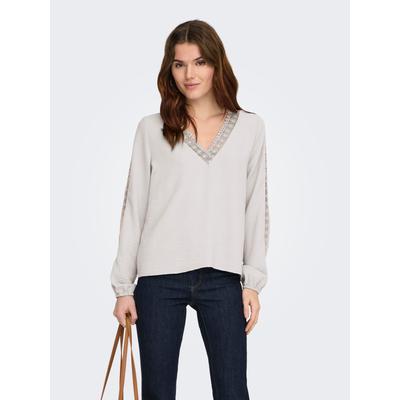 Langarmbluse ONLY "ONLGREGOR METTE LS LACE TOP WVN", Damen, Gr. XL, beige (cloud dancer), Web, Obermaterial: 100% Polyester, unifarben, regular fit normal, V-Ausschnitt, Blusen, Kunstfaser, regular fit, V-Ausschnitt, Regular Waist