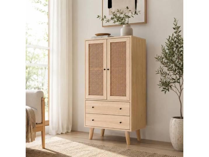 Buffet de Salon en Bois GlEEBI - 60x40x120cm - Meuble de Rangement avec 2 Portes Cannées et 2 Tiroirs Bahut d'Entrée sur Pieds