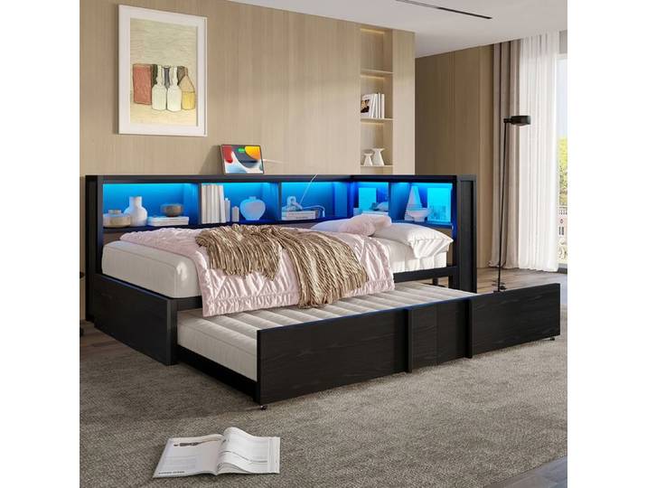 Lit banquette enfant - YEHTOKHOME - 90x200 - Lit gigogne - 5 rangements intégrés - LED & prises USB