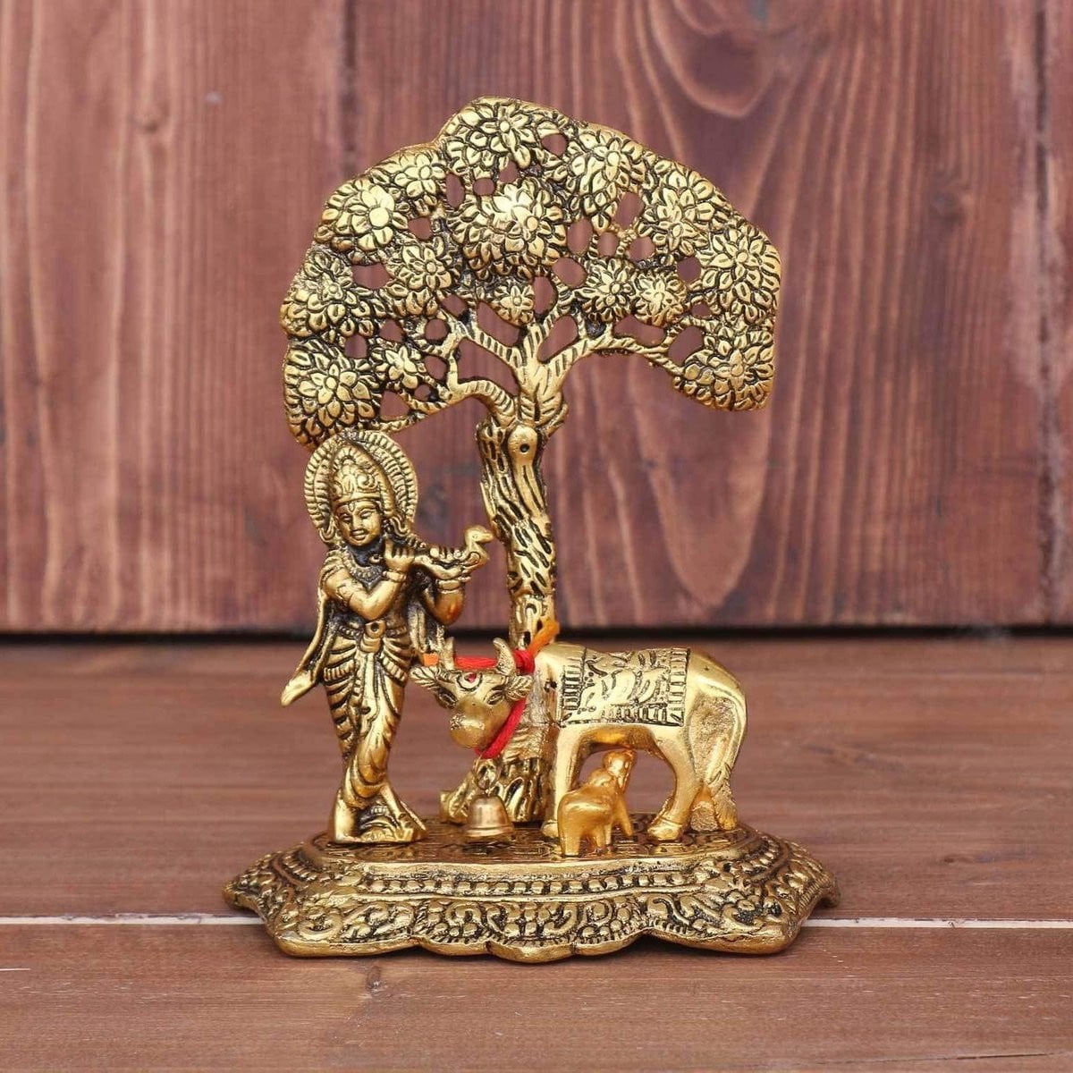 Goudkleurig Metalen Krishna Beeld voor op tafel, Hoogte: 16 cm