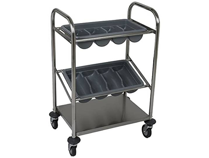 Saro Besteckwagen aus Edelstahl – 2 Besteckbehälter – Ablagefläche unten – Für Teller, Tassen, Gläser – 4 Rollen (2 gebremst) – Modell INES