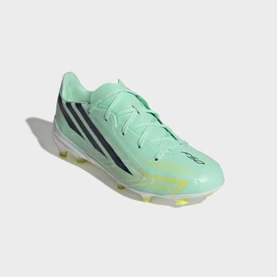 Fußballschuh ADIDAS PERFORMANCE "F50 HYPERFAST LEAGUE KIDS, FESTE BÖDEN", Herren, Gr. 38, grün (pulse mint, night navy, solar lemon), Synthetik, Schuhe Fußballschuh, für Rasen und feste Böden, Jugendliche & Kinder, gespielt bei der WM