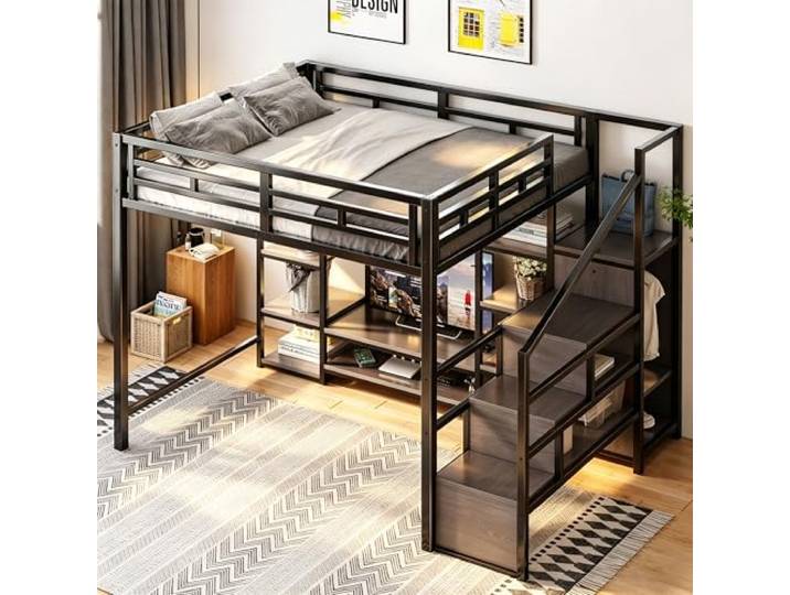 Merax Hochbett 140x200 cm mit TV-Ständer, Steckdose & Sicherheitsleiter, stabile Metall-Holz-Kombination, platzsparendes Etagenbett mit Stauraum, schwarz (ohne Matratze)