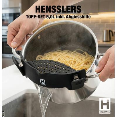Kochtopf HENSSLERS "HENSSLERS Topf-Set - inkl. HENSSLERS Abgießhilfe", silberfarben, H:17cm L:26cm Ø:24cm, Töpfe, Kochtopf