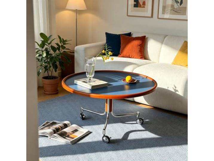 EBOYNSowAprr Moderner runder Couchtisch mit Rollen und Feststellfunktion Mid‑Century Metallrahmen, minimalistischer Beistelltisch für Wohnzimmer(A31.5x17.7in)