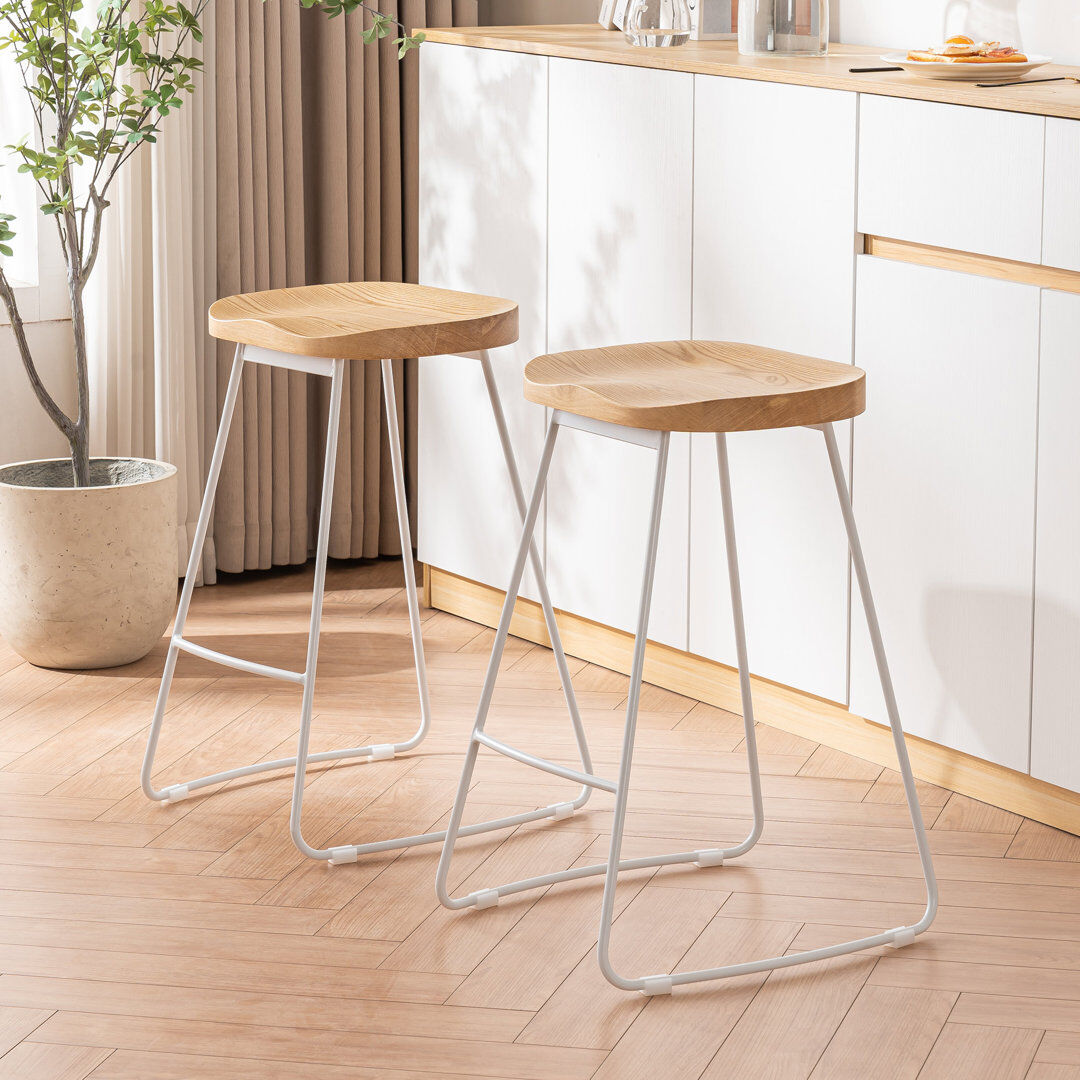 Rio Bar Stools Set of 2 Rustic Counter Stools with Solid Wood Saddle Seat & Metal Legs, Backless Kitchen Island Stools for Breakfast Bar & Home Decor White 65cm H X 46cm W X 44cm D