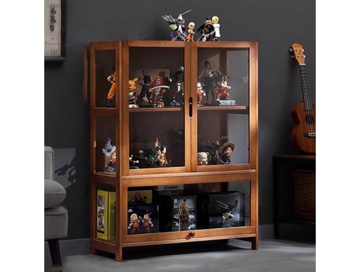 KUYATE Glasvitrine, antiker Vitrine mit Glastür, antiker Schrank, Vitrine, natürlicher Bambusrahmen, Einzel-/Doppeltür-Design, praktische Aufbewahrung, 80 x 32 x 106 cm, Braun