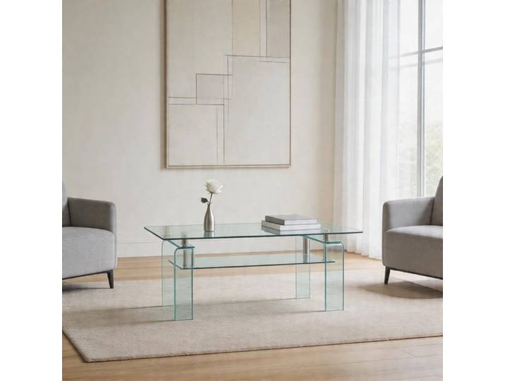 Table basse - 100x55x45 cm - Verre trempé & métal - Design 2 niveaux - Transparent