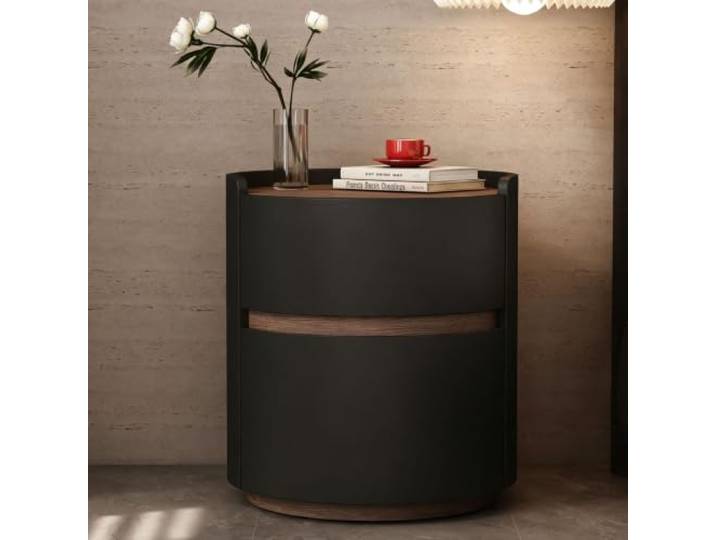 Runder Nachttisch Mit Schublade Kleiner Nachttisch Moderner Stil Leder 2 Schubladen mit verdeckten Griffen Für das Schlafzimmer(Black,40cm/16in)