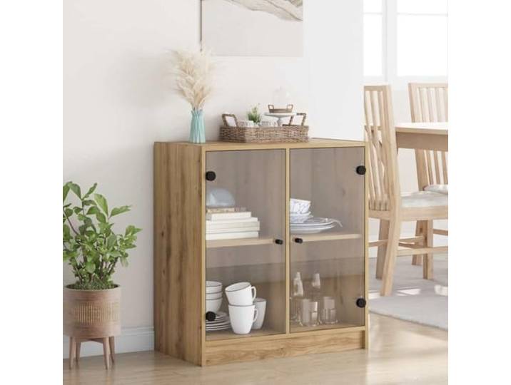 HEFZGDB Beistellschrank mit Glastüren in Artisan-Eiche Optik, moderner Beistellschrank mit Glastüren zur Aufbewahrung für Ihr Wohnzimmer, mit Glasfront zur Aufbewahrung für Deko und