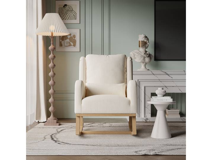 Fauteuil à bascule avec pieds en bois massif, idéal pour le salon, la chambre, le balcon et le jardin (beige, 68 x 93 x 96 cm).