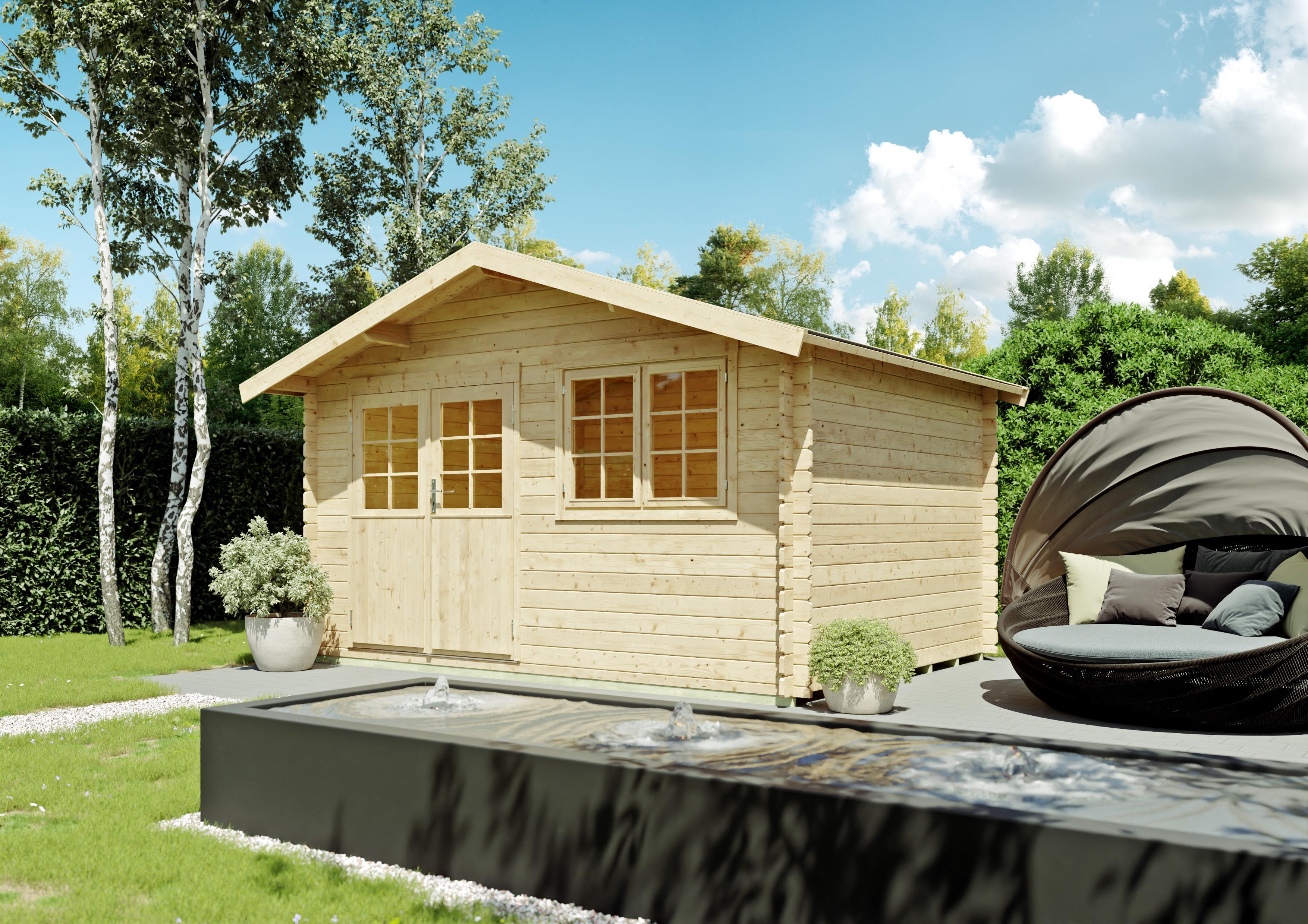 Gartenhaus Oxford 3,80x2,80 m, 28 mm Wandstärke, Satteldach, Doppeltür, mit Fußboden