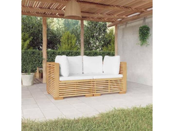 Teck massif lattes coussins moelleux jardin terrasse Brun 43.6 Canapé d'angle de jardin avec coussins 2 pcs en bois de teck massif, salon d'extérieur modulable pour terrasse patio, gris
