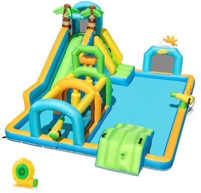 Costway Inflatable Water Slide Tropical Theme Dual Slide Aqua Park with 680W Blower