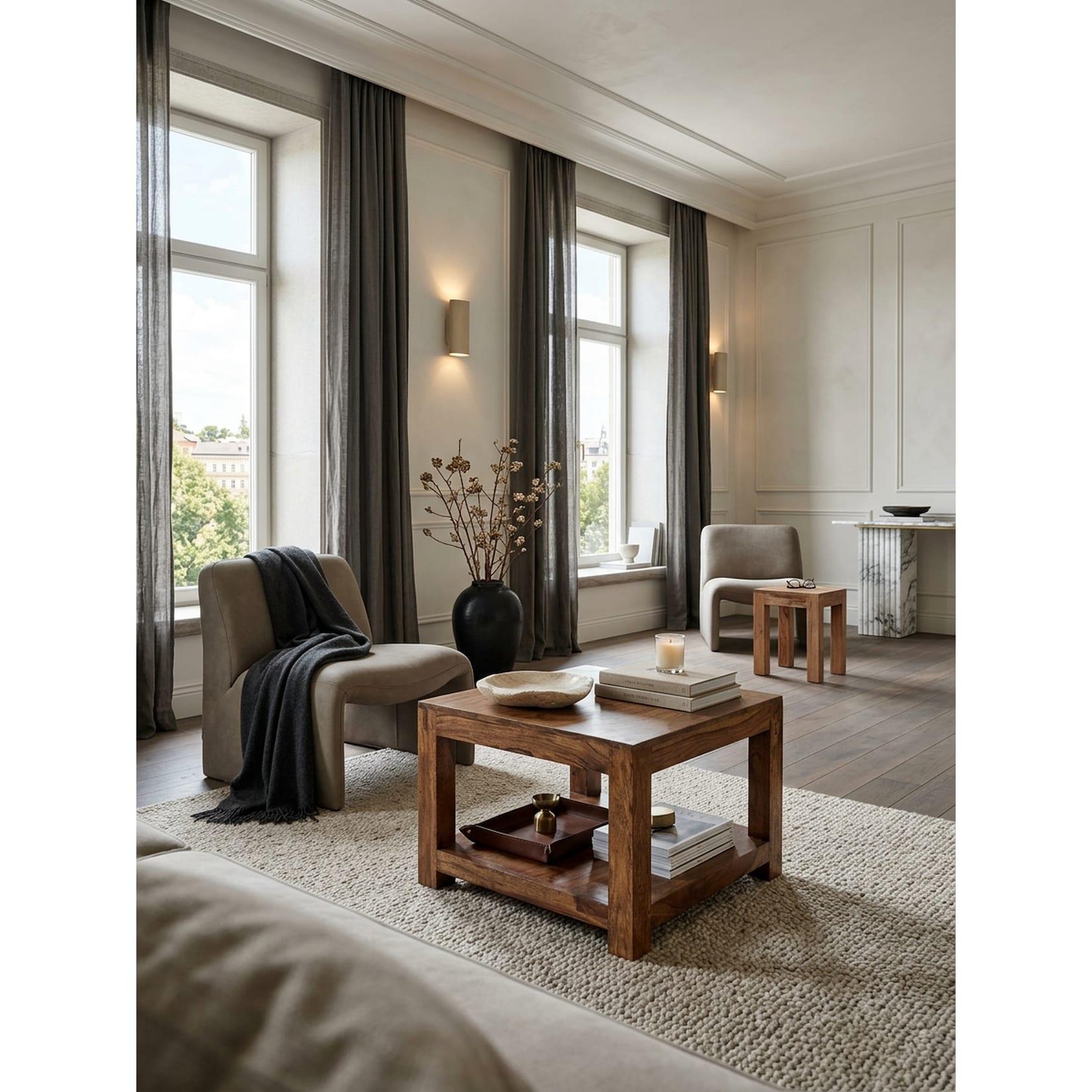 Couchtisch MUMBAI aus Massivholz – Landhausstil im kompakten Design, Dunkelbraun 60x60x45 cm
