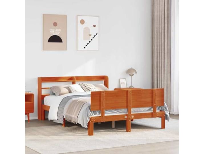 RJPLMFV Bettgestell, Kiefernholz, Massivholz, Braun, gewachst, 2-teilig Mit Regalböden, Stauraum, Plattform-Design, ohne Lattenrost, modernes Schlafzimmer