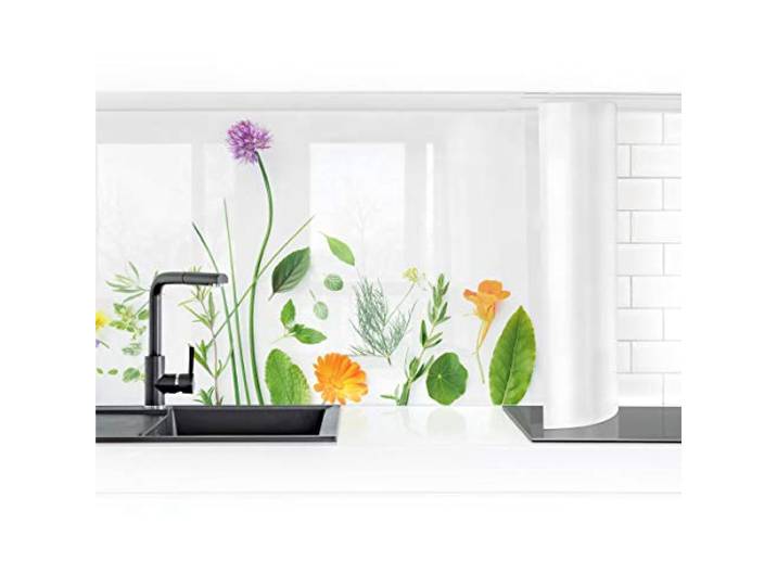 Bilderwelten Küchenrückwand Folie Glänzend 50x200 cm Kräuter und Blüten I Spritzschutz Fliesenspiegel Küche-Rückwand Motiv Klebefolie